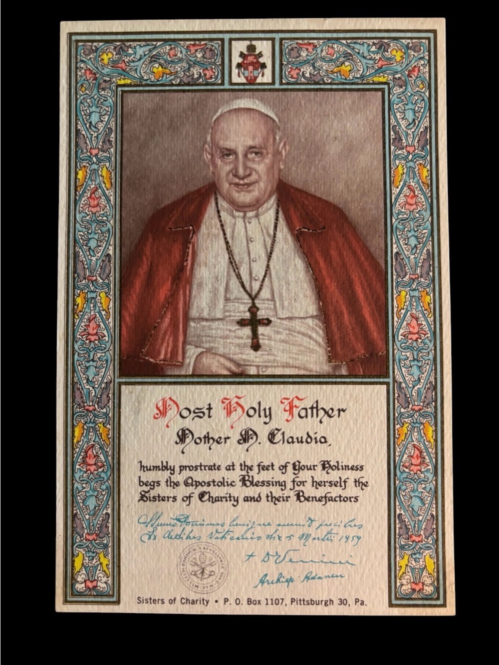 Vintage 1959 Apostolic Blessing Pope John XXIII